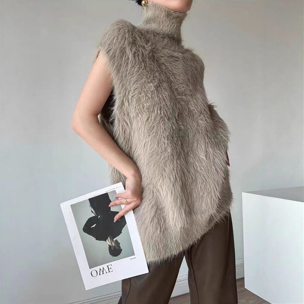 Cardigan lungo senza maniche da donna in finto visone con collo alto e maglia a strati - Top tunica casual oversize per autunno inverno_voghion.com