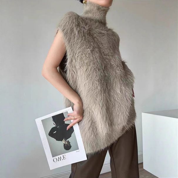 Cardigan lungo senza maniche da donna in finto visone con collo alto e maglia a strati - Top tunica casual oversize per autunno inverno_voghion.com