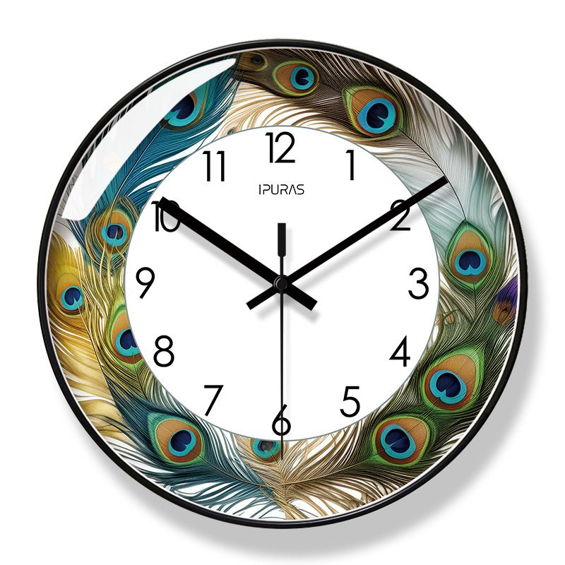Ultra-leise 7002 Leichte Luxusmode Einfache Pfauenfeder Wand Wohnzimmer Sweep Second Quarzuhr_voghion.com