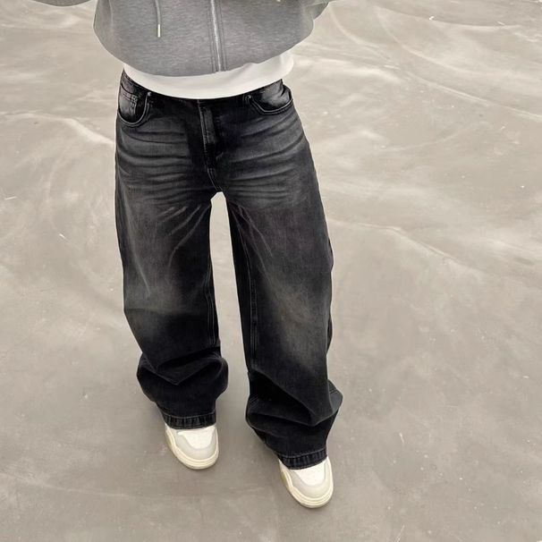 Jeans neri lavati American Vintage da uomo - vestibilità comoda a gamba larga, dettagli a baffi di gatto rovinati, stile unisex Cleanfit_voghion.com