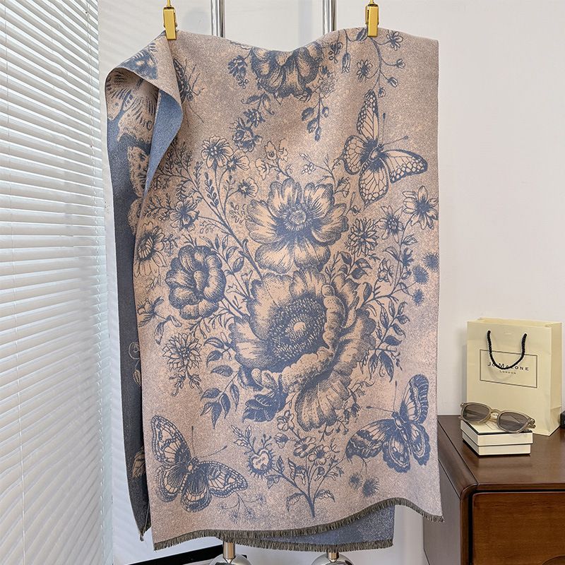 Sciarpa calda in cashmere da donna con stampa artistica in stile peonia e farfalla autunnale e invernale_voghion.com