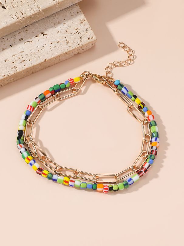 Cavigliera alla moda semplice con doppio strato di diamanti intarsiati per donna, catena da spiaggia con ciondolo a cuore unico e creativo_voghion.com