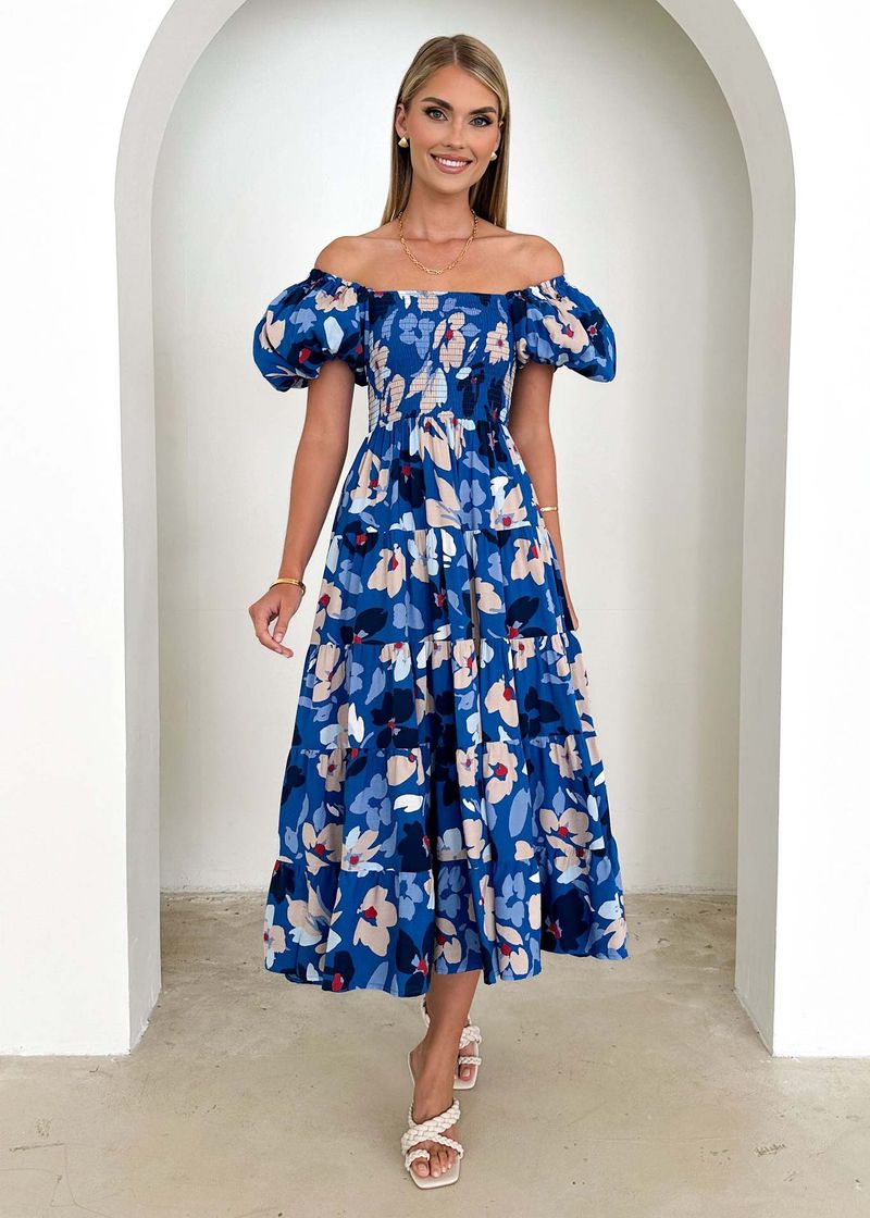 Vêtements pour femmes Été Nouveau style Manches bouffantes Vacances Slim Robe longue Fille chaude Taille haute Une épaule Robe imprimée Femmes_voghion.com