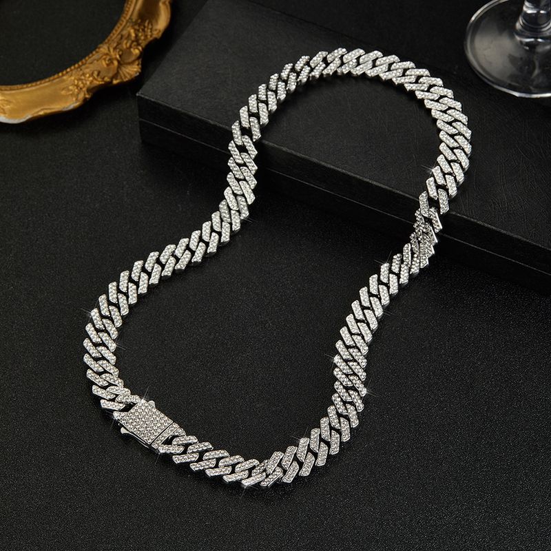 New Spring Buckle 12mm Cuban Chain All Match Personality Fashion Alloy Double Row Diamond Cuban Necklace_voghion.com