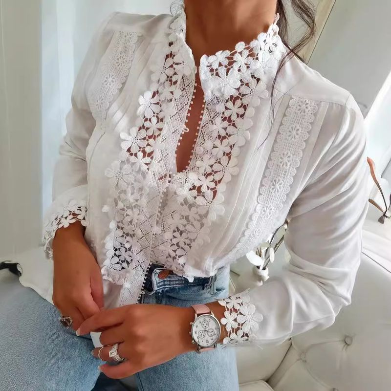 Women's Clothing  White Lace Floral Stitching Long Sleeve Shirt_voghion.com