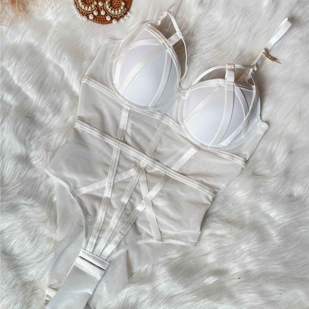 Damenbekleidung sexy Versuchung Spitzenunterwäsche Französisch Slim Fit Overall eng anliegende kleine Brust geraffter Micro-Shaping-Overall_voghion.com