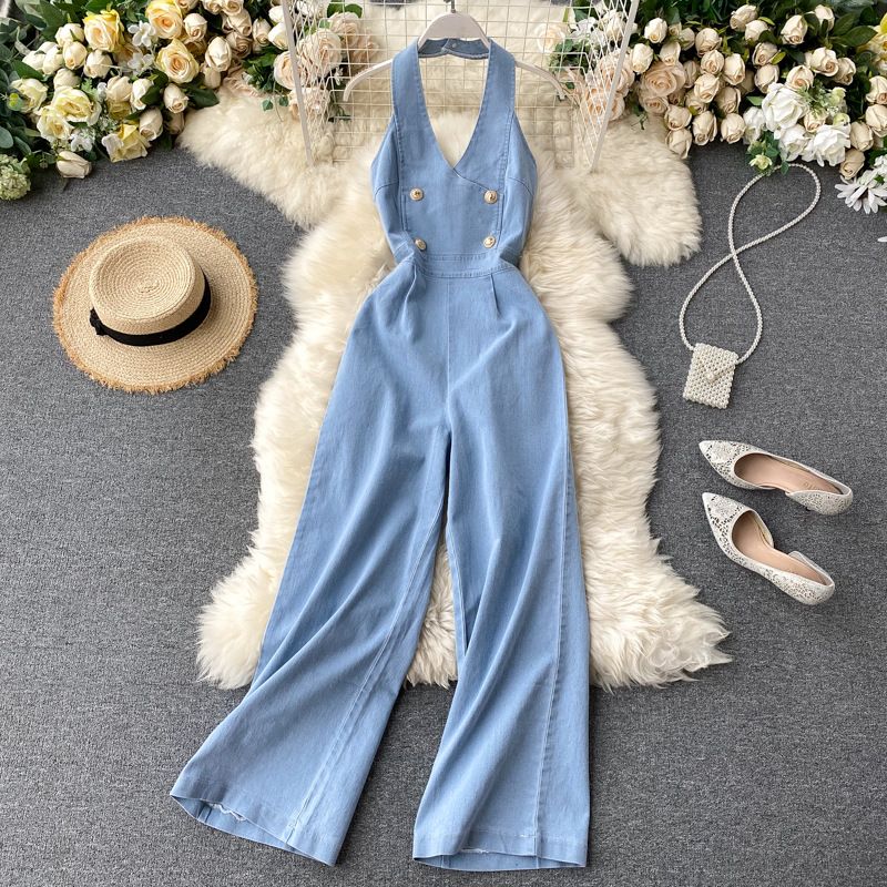 Odzież damska Letni kombinezon Temperament Halter Neck Bez rękawów Odkryte plecy Wysoki stan Wyszczuplający Szerokie nogawki Denim Kombinezon_voghion.com