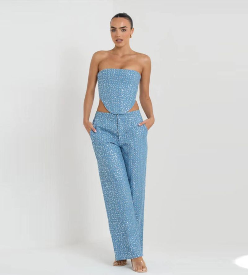 Women's Clothing Fashion Denim Sequin Tube Top Wide Leg Pants Set_voghion.com