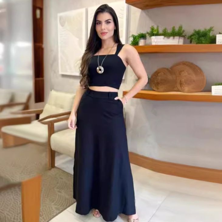 Dameklær ensfarget navleavslørende strømpeholdertopp med høy midje og langt skjørt til kvinner_voghion.com