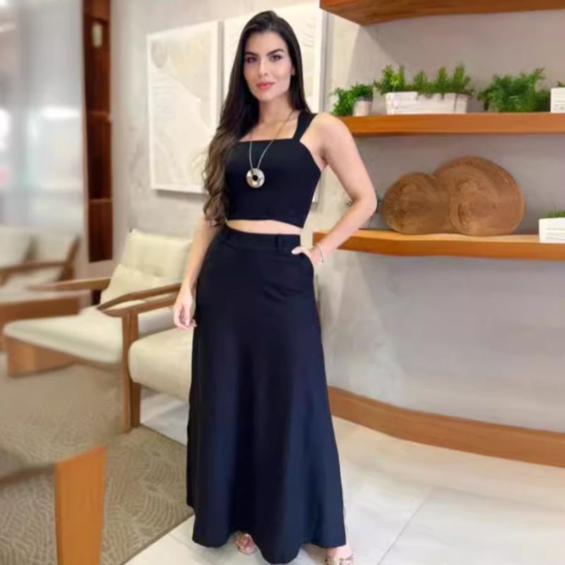 Women's Clothing solid color navel baring suspender top high waist long skirt suit for women_voghion.com
