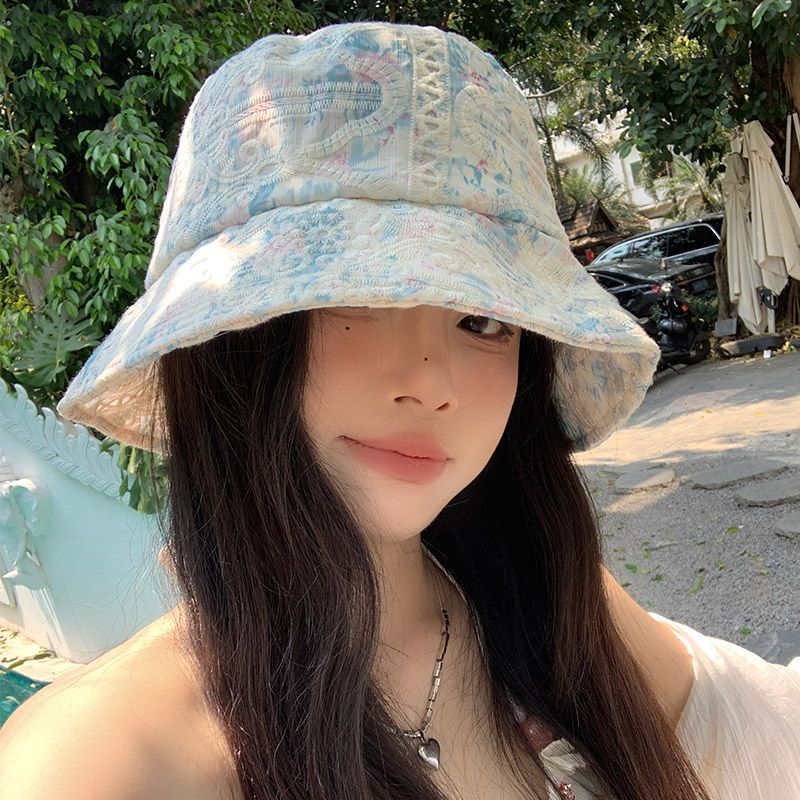 Słodki koronkowy nadruk, haftowany kapelusz typu bucket, damski, wiosenno-letni, z dużym rondem, z odsłoniętą twarzą, mały kapelusz przeciwsłoneczny_voghion.com