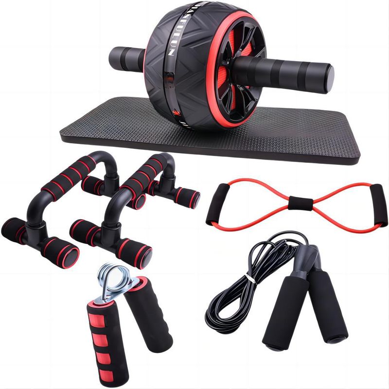 Red Abdominal Wheel 7 Piece Set Small Home Fitness Equipment Gripper Push Up Stand Abdominal Muscle Wheel Training Equipment_voghion.com