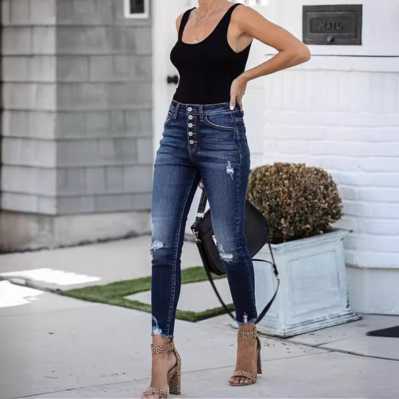 Women's Clothing Spring New High Waist Retro Buttoned Edge Slim Elastic Ripped Jeans_voghion.com