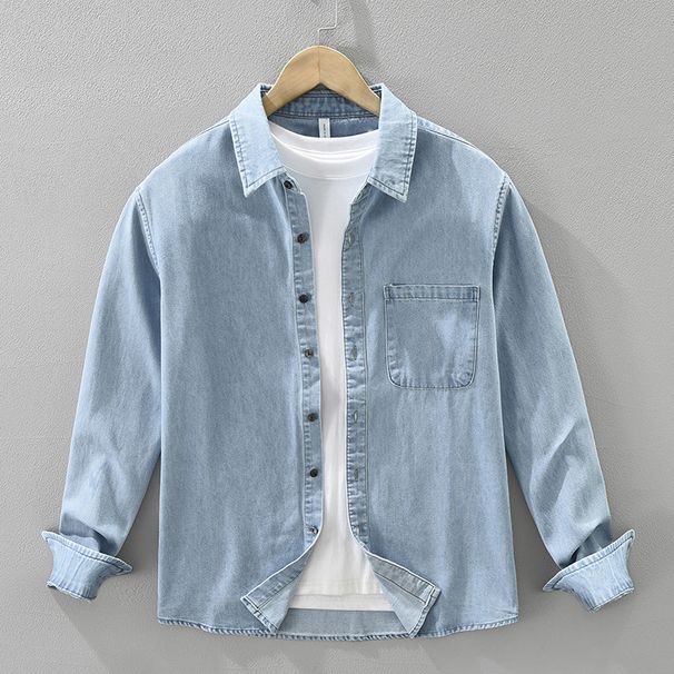 Retro-Denim-Langarmhemd für Herren, modisch und vielseitig, künstlerisches und lässiges lockeres Oberteil_voghion.com