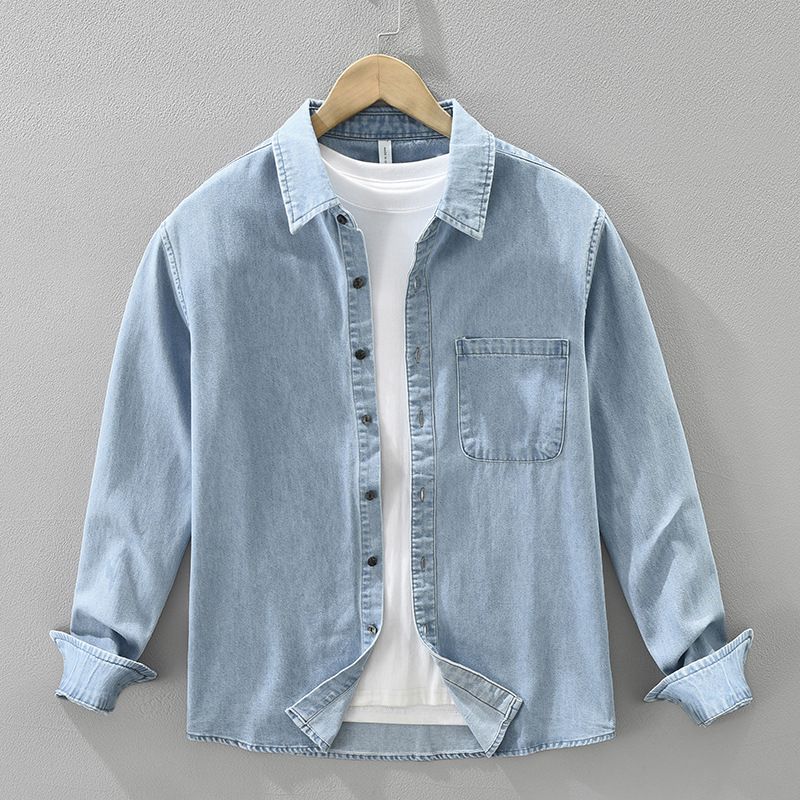Camicia a maniche lunghe in denim retrò da uomo, alla moda e versatile, top ampio e casual._voghion.com