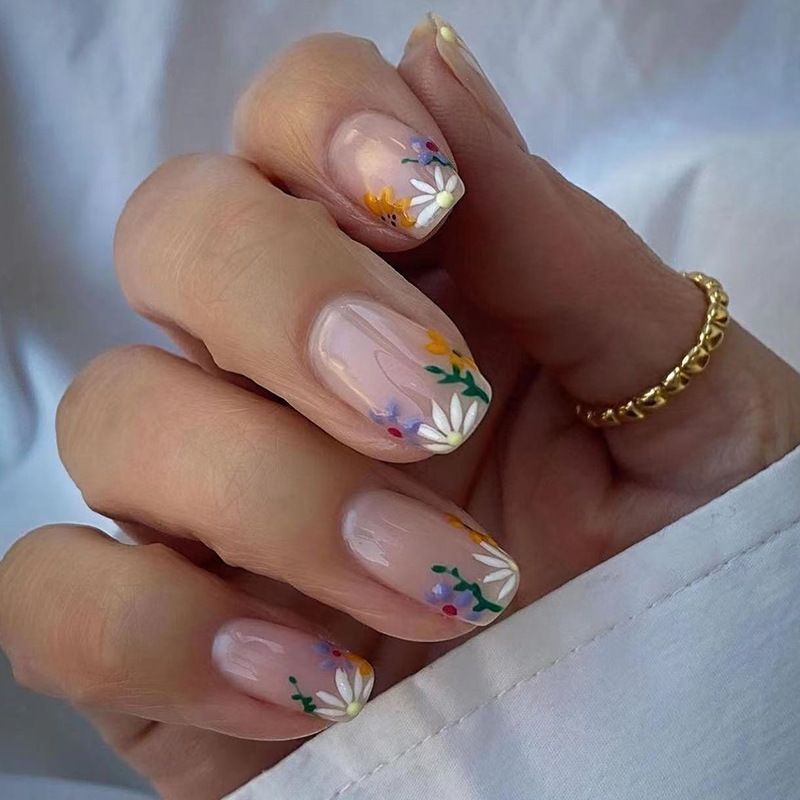 Vierkant Korte 24-delige Franse kunstnagels Zwart golvend Kleurrijke bloemen Volledige dekking Nepnagels Afneembaar Druk op Na_voghion.com