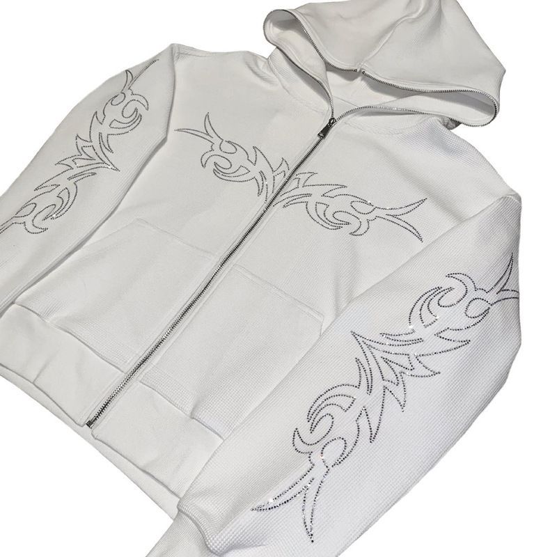 Felpa con cappuccio in stile gotico, ampia e casual, con scritte, cerniera con stampa a caldo di strass, giacca con cappuccio_voghion.com