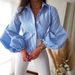 Women's Clothing Light Blue Striped Balloon Sleeve Slim Fit Shirt_voghion.com