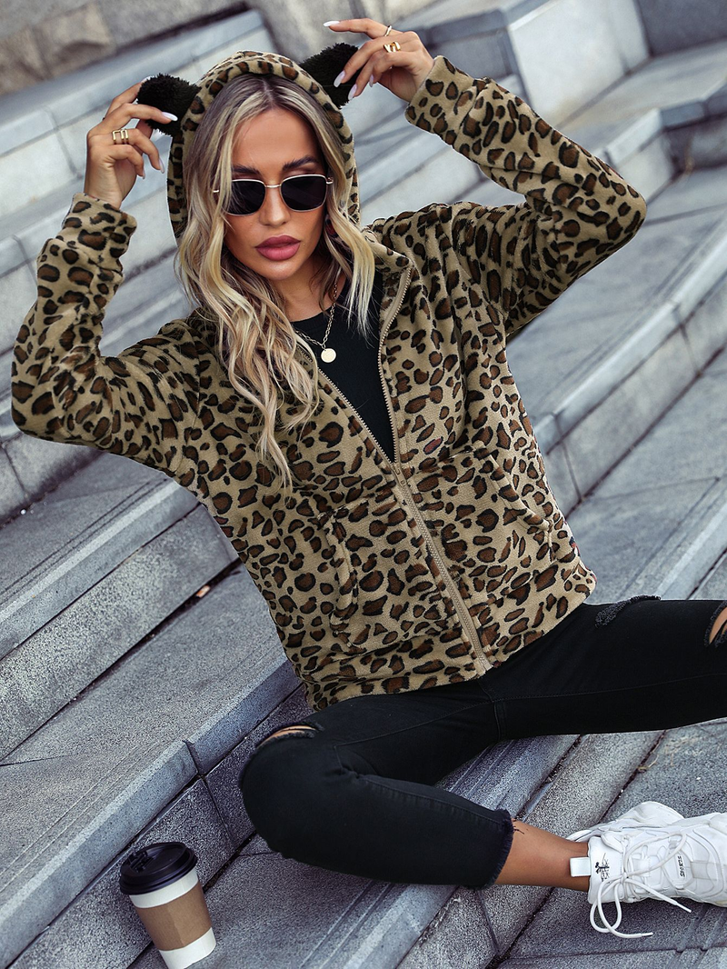 Nuova giacca casual in flanella con stampa leopardata a maniche lunghe con cappuccio e cerniera lampo da donna autunno e inverno_voghion.com