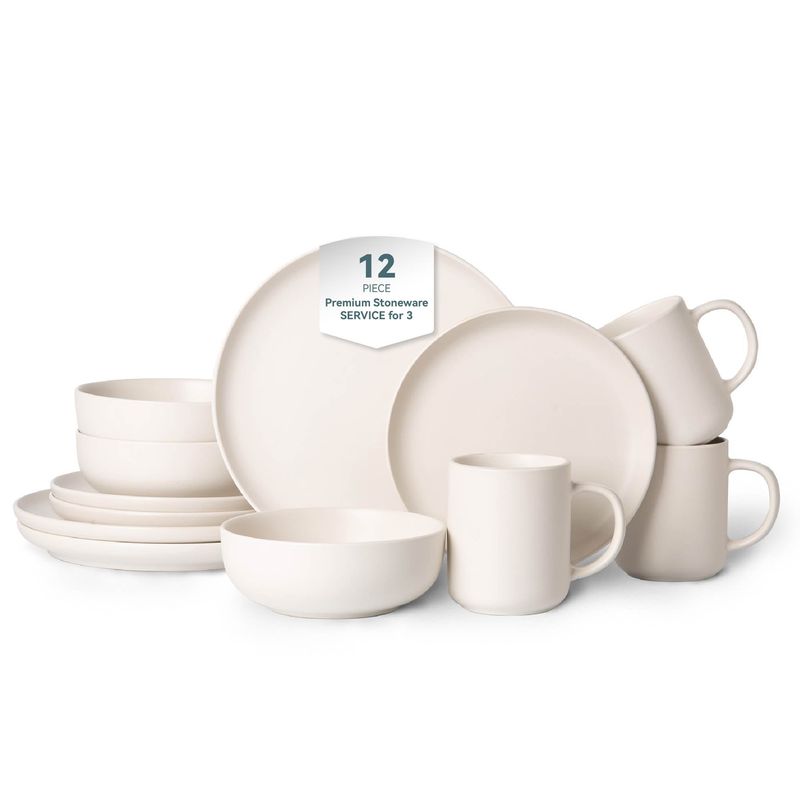 12-Piece Stoneware Dinnerware Sets With Mugs | Microwave & Dishwasher Safe | Non-Toxic Dinner Plates Bowls Set | Stackable Matte Glaze Kitchenware For 3_voghion.com