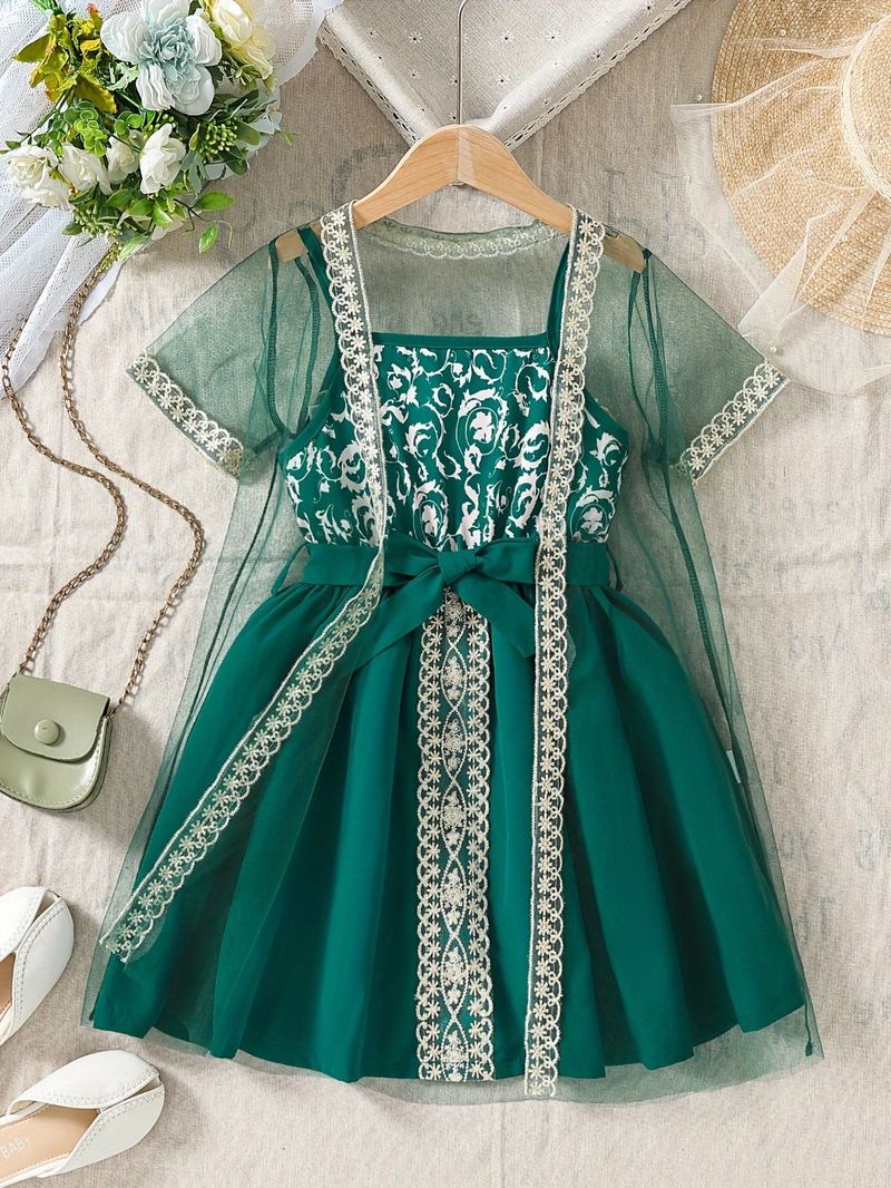 Kids’ Clothing Spring And Summer Style Ins Style Girls' Mesh Outer Shawl + Suspender Dress Suit Cross Border Exclusive Supply_voghion.com