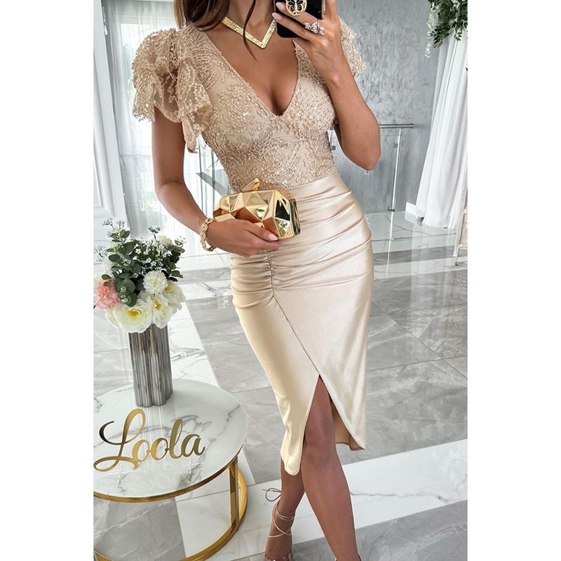 Vêtements pour femmes Robe fendue décontractée à manches courtes Robe pour femme_voghion.com