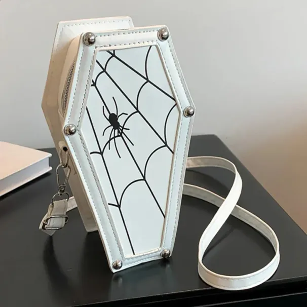 Gothic Sargförmige Spinnennetz PU Leder Umhängetasche Verstellbarer Riemen Halloween Spinnennetz Messenger Bags 240823_voghion.com
