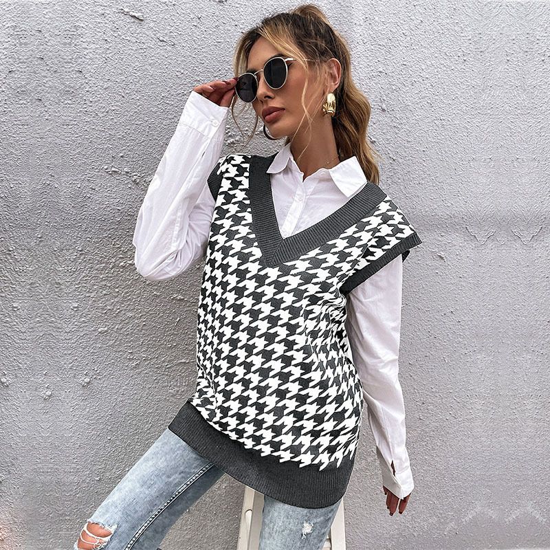 Vêtements pour femmes station indépendante vêtements pour femmes début d'automne nouveau gilet en tricot ample à col en V à pied-de-poule pour femmes_voghion.com
