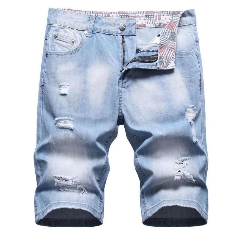 Herrenbekleidung Sommer dünne Jeansshorts Herren zerrissene mittlere Hosen Trend lockere gerade bedruckte Herren-Viertelhosen_voghion.com