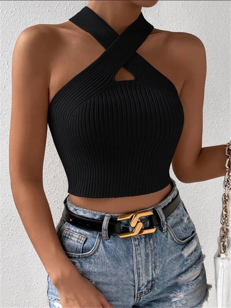 Women's Clothing New Slim Fit Cross Halter Neck Knitted Sweater Vest Top_voghion.com