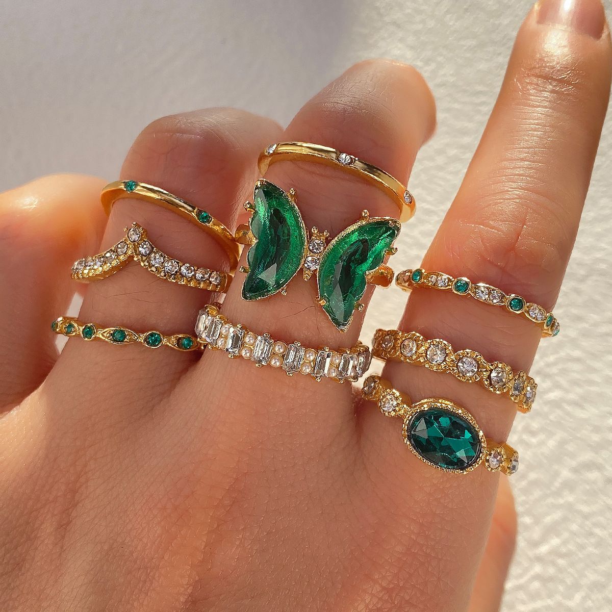 Retro Ethnic Bohemian Women Stacked Ring Set Creative Personality Emerald Butterfly Open Ring, Metal Wind Stacked Joint Ring 9-piece Set_voghion.com