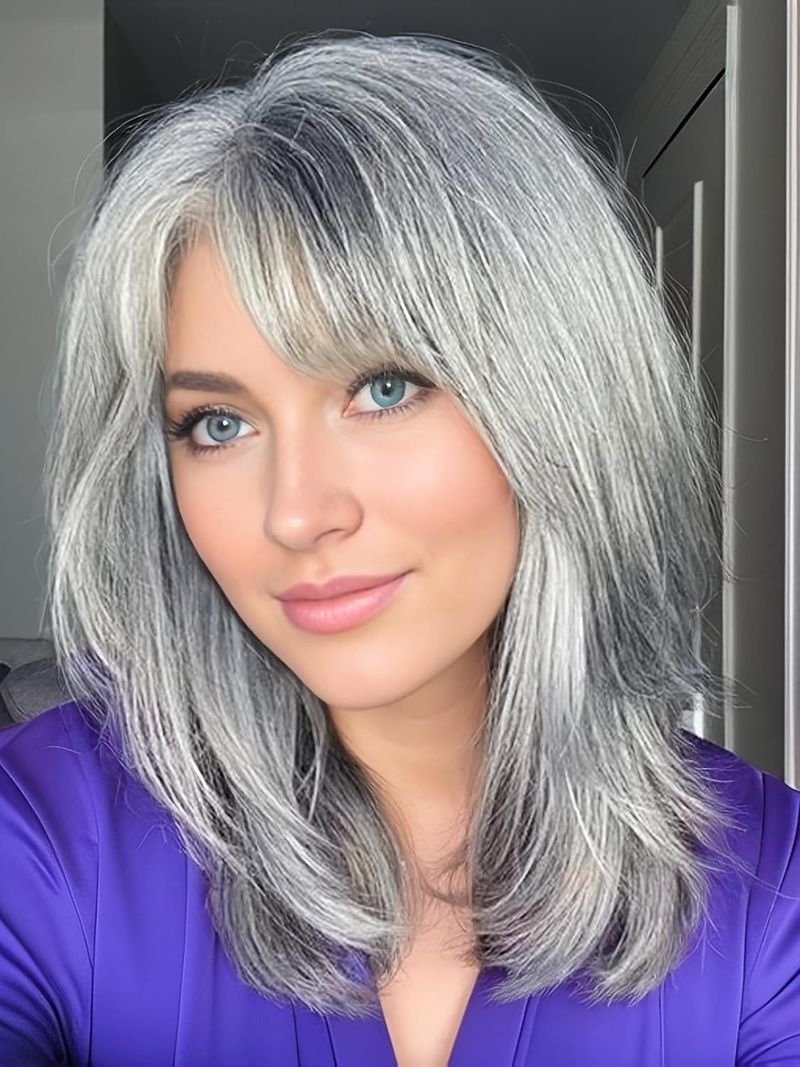 TISHING Capelli biondi corti a strati con onda adatta per la lunghezza del mento delle donne bianche, capelli lisci da elfo laterale grigio oro_voghion.com