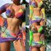 Damenbekleidung Mehrfarbiger Batik-Bikini Dreiteiliger Langarm-Badeanzug aus Netzstoff Weiblicher Sinn_voghion.com
