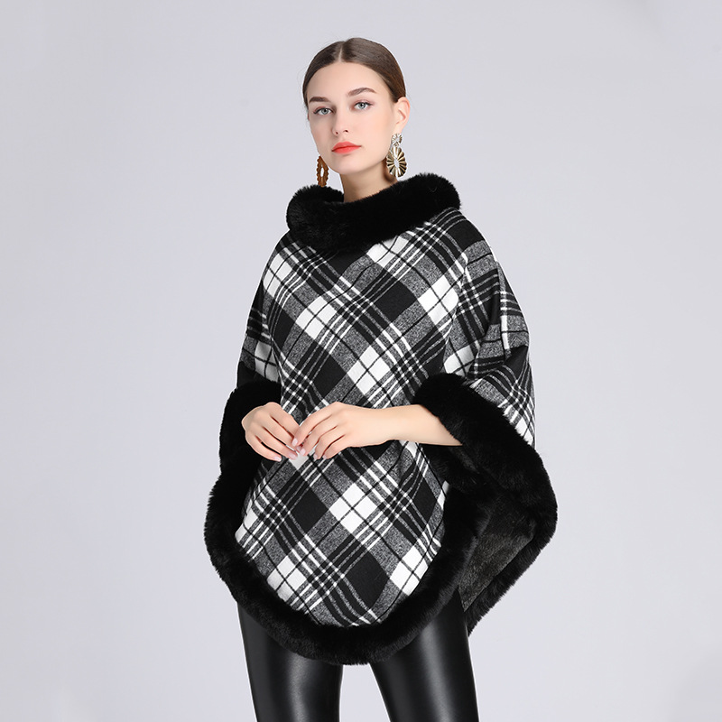   Neues Plaid plus Samt dicker Nachahmung Kaninchenfellkragen Umhang Schal Strickpullover Wollmantel_voghion.com