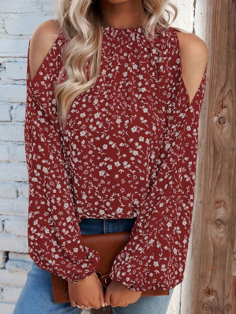 Camicia da donna stampata floreale a maniche lunghe da donna fresca e dolce con volant_voghion.com