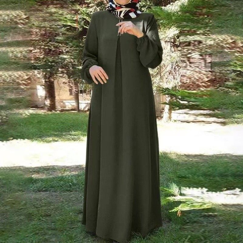 Women's Clothing Muslim Women's New Arabic Solid Color Ribbon Puff Sleeve Loose Round Neck Dress_voghion.com