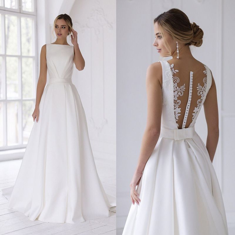 Abito da sposa con coda piccola in raso da donna, cavo trasparente, dimagrante, a forma di A, per foto di matrimonio all'aperto_voghion.com