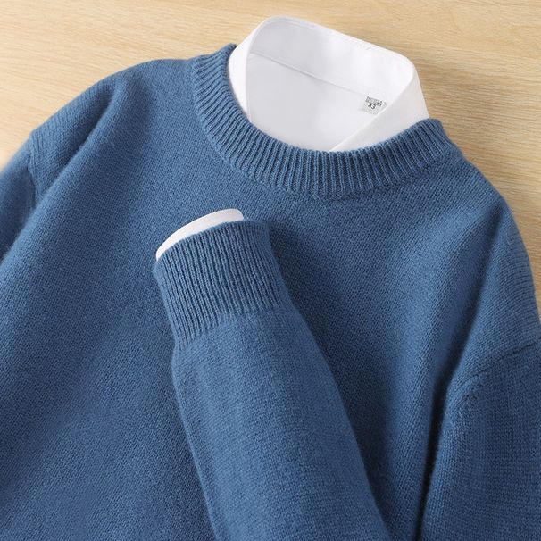 Maglione casual da uomo in pura lana a doppio filo, spesso, per autunno e inverno, con scollo rotondo e base in cashmere lavorato a maglia._voghion.com