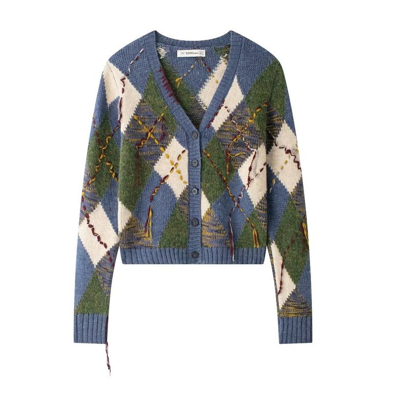 Damenbekleidung Herbst und Winter neue Street Fashion lässige Strickjacke mit Rautenmuster_voghion.com