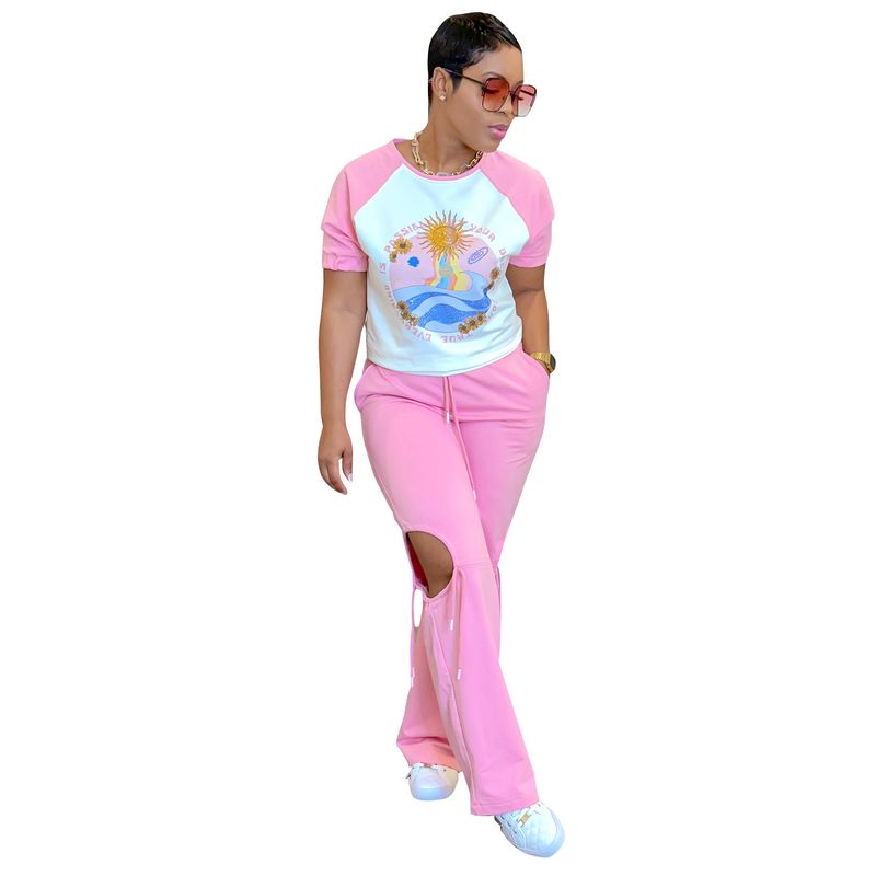Women's Clothing Fashion Printed Multi Color Short Sleeved Trousers Set_voghion.com