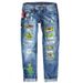 Women's Clothing new hole print casual straight mid waist women's washed jeans_voghion.com
