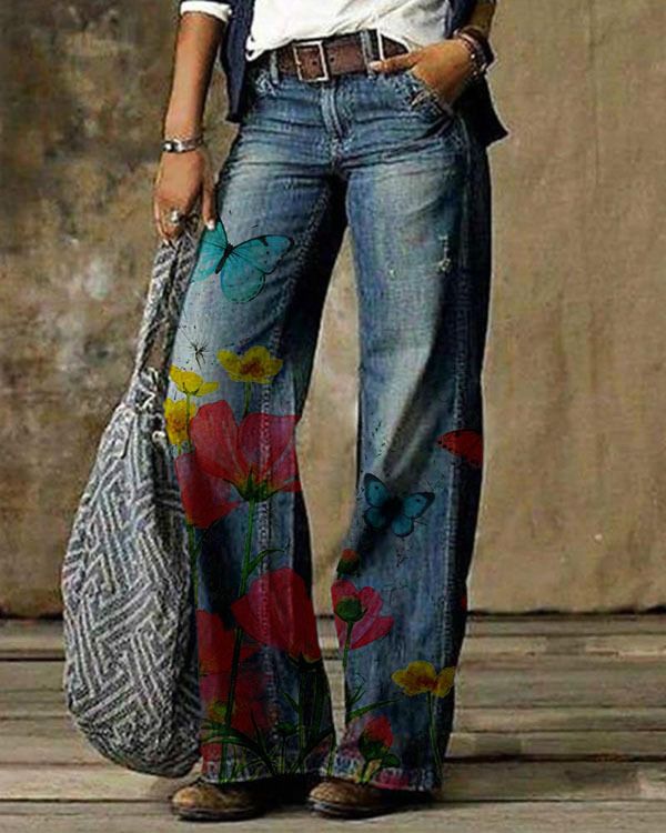 Women's clothing twill ladies jeans printed jeans thin casual pants_voghion.com