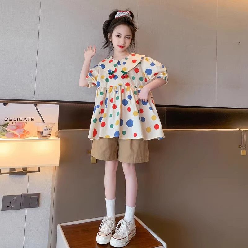 Girls' outfit new summer style doll shirt, short sleeved fashionable casual shorts, two piece set, trendy_voghion.com