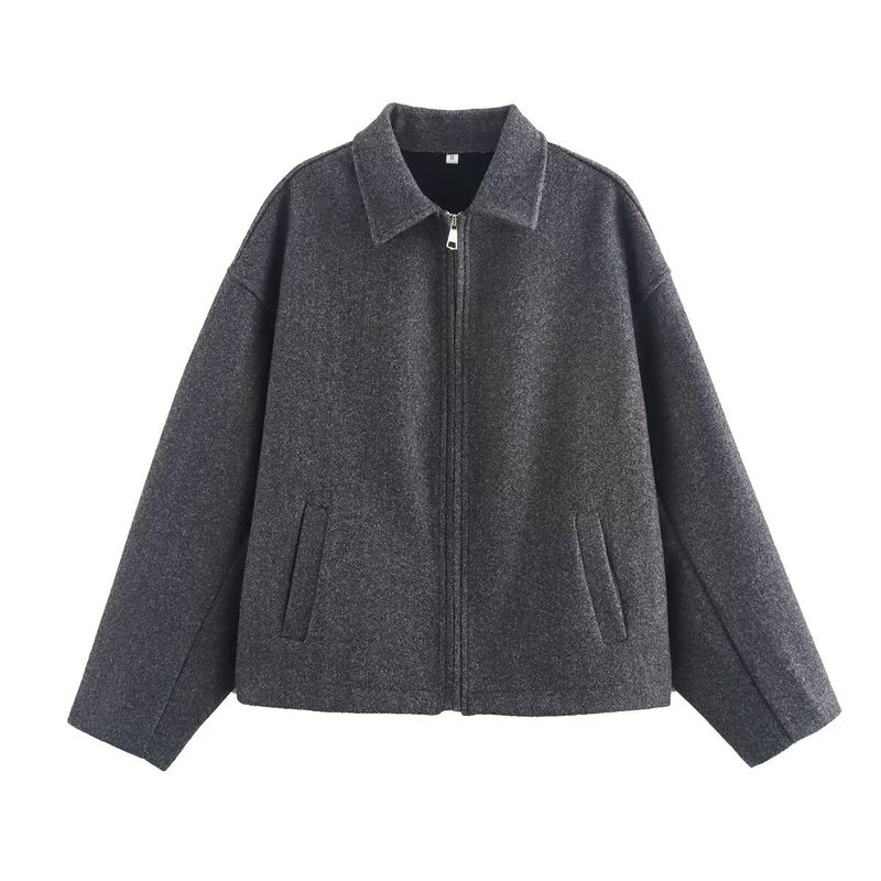 Cappotto alla moda in misto lana con cerniera per donna - Capispalla alla moda autunnale in beige, grigio scuro, marrone scuro e rosso vino - Taglie S/M/L_voghion.com