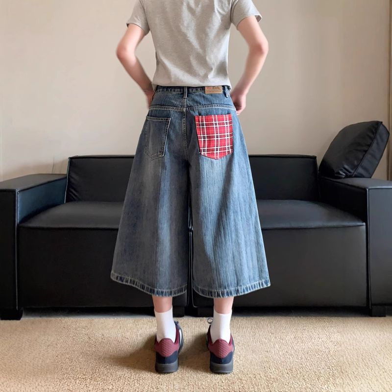 Men's Clothing Plaid Patchwork Denim Shorts New Style Niche High Waist Loose Versatile Slim Straight Leg Cropped Pants Trend_voghion.com
