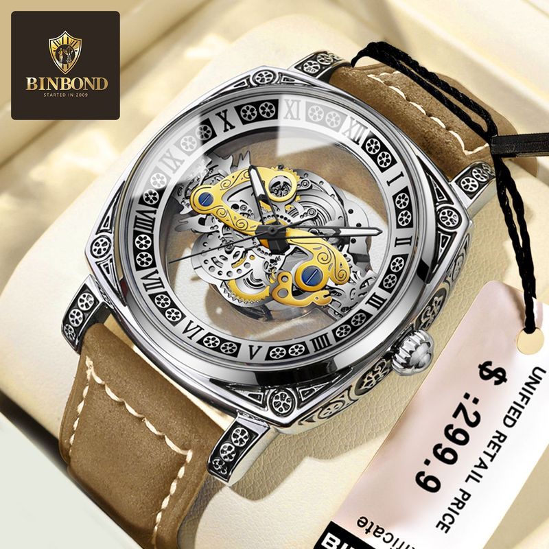 Orologio al quarzo di lusso da uomo con cinturino in acciaio inossidabile, quadrante scheletrato, resistente all'acqua, display della data e lancette luminose per abbigliamento business e casual._voghion.com