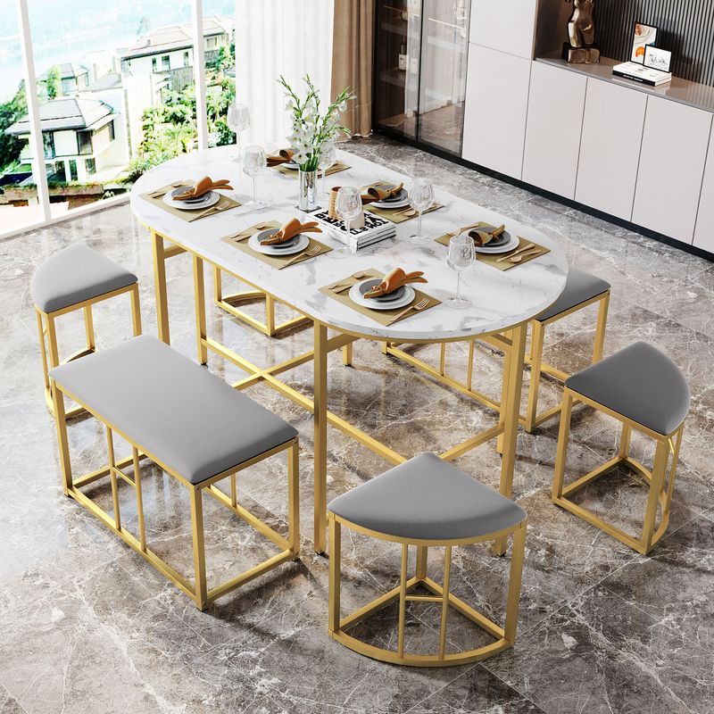 Modern Dining Set with Steel Frame, White and Gold Finish, Includes 1 Dining Table (140x70x76cm, 120kg Capacity) and 6 Stools (4 Small + 2 Large), Kitchen Dining Room Furniture_voghion.com