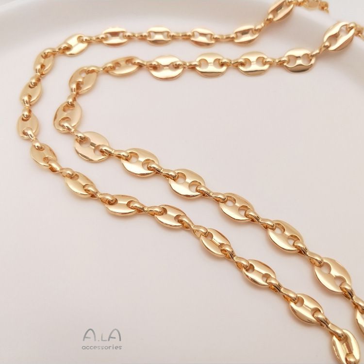 14K gold color retaining pig nose chain double hole coffee bean stitching chain Handmade loose chain diy bracelet necklace accessories_voghion.com