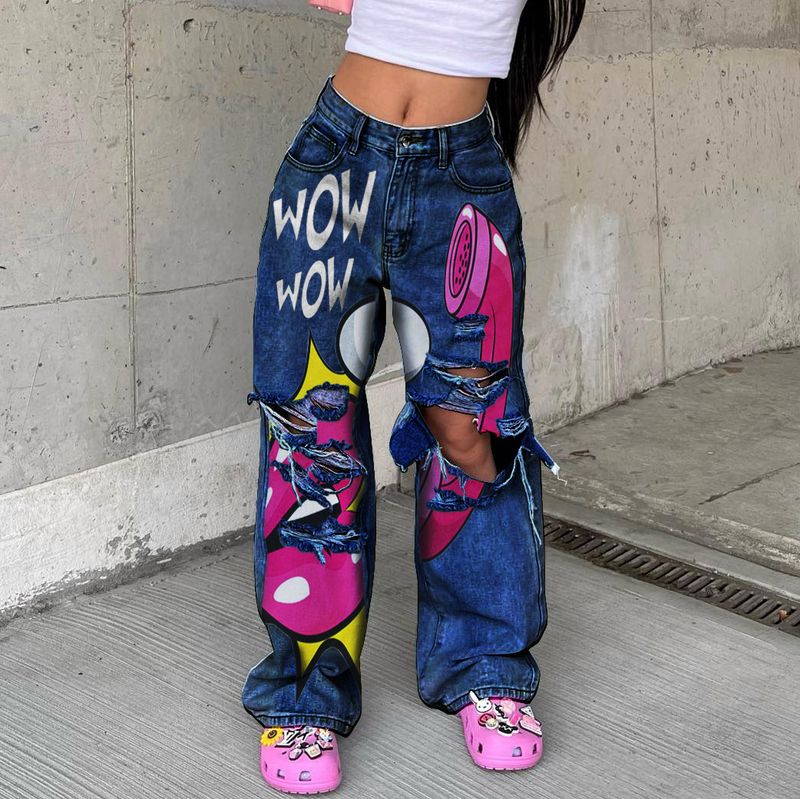 Damesjeans, lange, hoge taille, ruwe rand, hete verkopende broek met wijde pijpen, lange broek_voghion.com