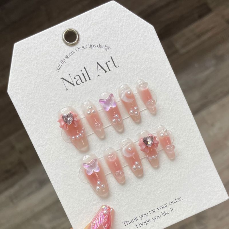Handmade 10Pcs Long False Nails Wearable Ballerina Fake Nails Moon Butterfly Design Nail Tips Full Cover Press_voghion.com